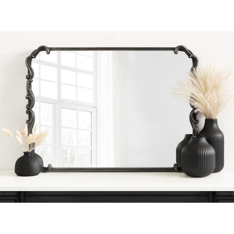 Ornate Rectangle Metal Wall Mirror, Black