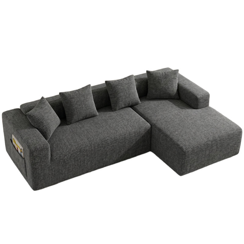 Modern Oversized 262cm Boneless Corner Sofa L-Shaped Chenille Sofa With Storage Pockets, Right Hand Facing, Black