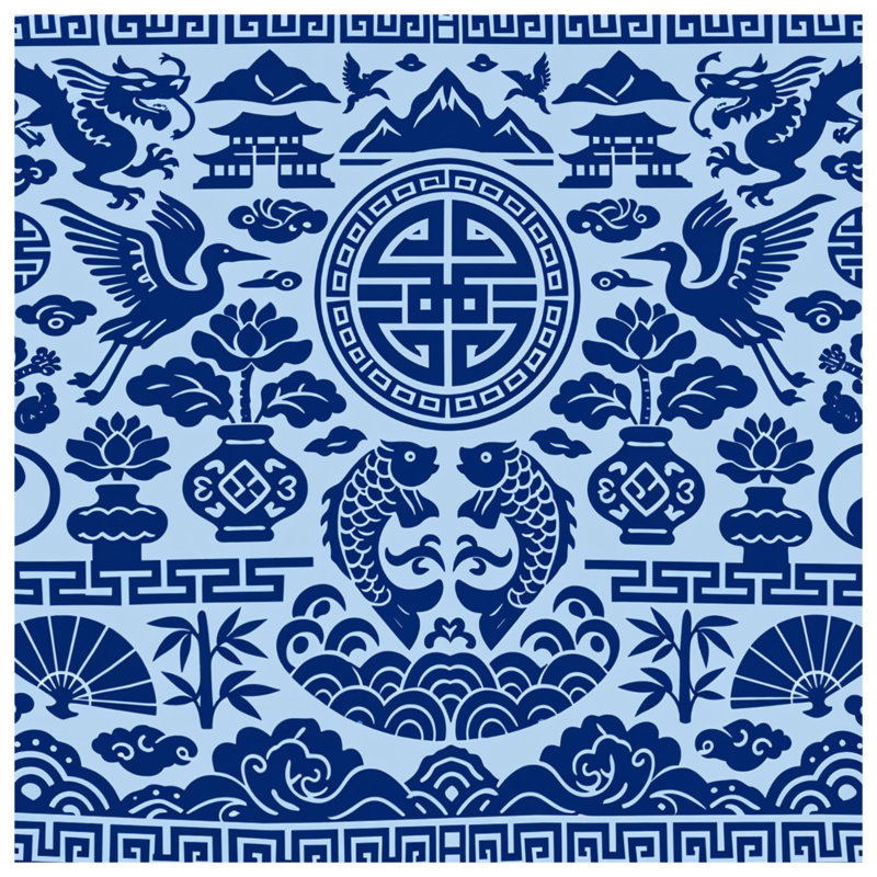 Housses de couette bleues à motif asiatique, Grand lit