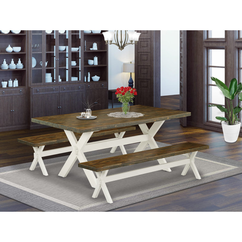 Ensemble de salle à manger 3 pièces comprenant une table de cuisine rectangulaire à pattes en X et 2 bancs., Lin blanc