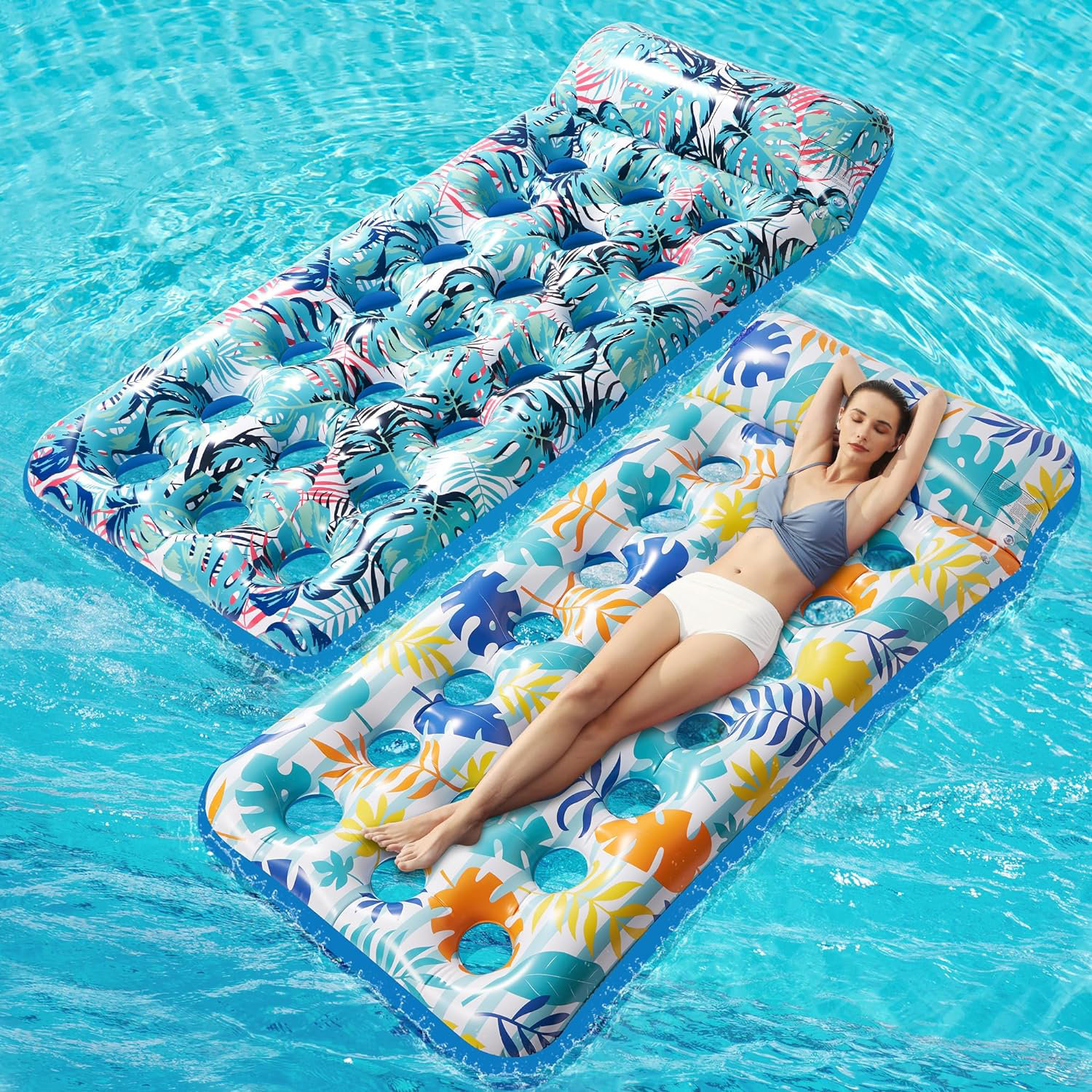 Utibia 2 Pack Inflatable Pool Float Mat, Pool Floats Adult with Headrest, Lake Float Raft Water