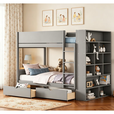 Twin Over Twin Bunk Bed With 2 Drawers And Multi-Layer Cabinet, Space-Saving And Stylish For Growing Families