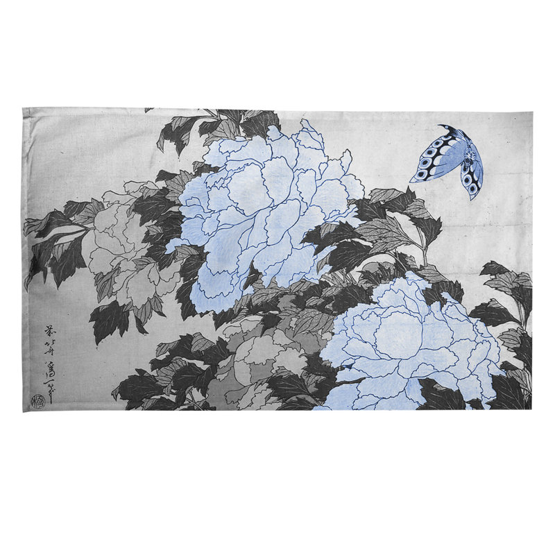 Serviette de thé pivoines et papillon, Sergé de coton, Gris / Mauve
