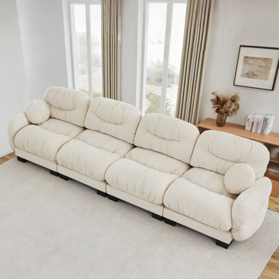 Pleated Design Cozy Chenille Fabric 4 Seater Modular Sofa With High-Density Ergonomic Foam Seat, Curved Round Armrests And 2 Round Throw Pillows