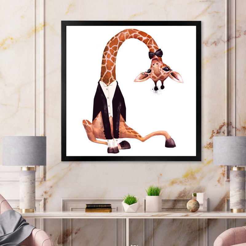 Adorable jolie girafe à l'aquarelle avec redingote, H 16 po x l 16 po x P 1 po, Cadre photo noir