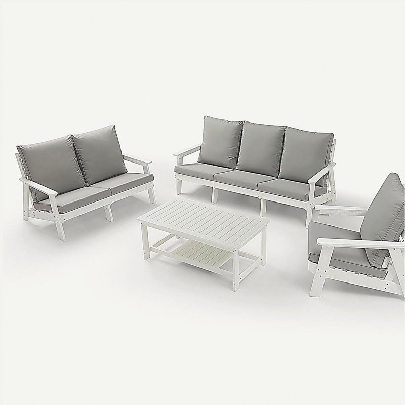 Causeuse avec coussin, canapé de jardin d'extérieur en grain de bois HiPS, blanc / gris
