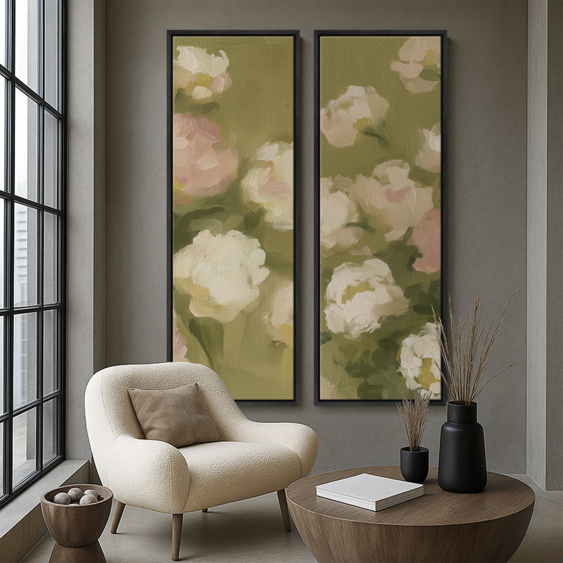 Textures de pivoines impressionnistes texturées en vert pastel - ensemble de 2 reproductions d'art encadrées sur toile 60 po x 20 po x 2 pièces, 60 po x 30 po x 2 pièces