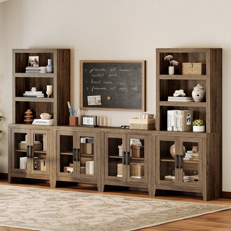 Farmhouse Entertainment Center With Bookshelves, 4-Piece Modular TV Stand With Storage Towers, Glass Doors, Open Shelves,  Media Console For Living Room, Home Theater, Brown