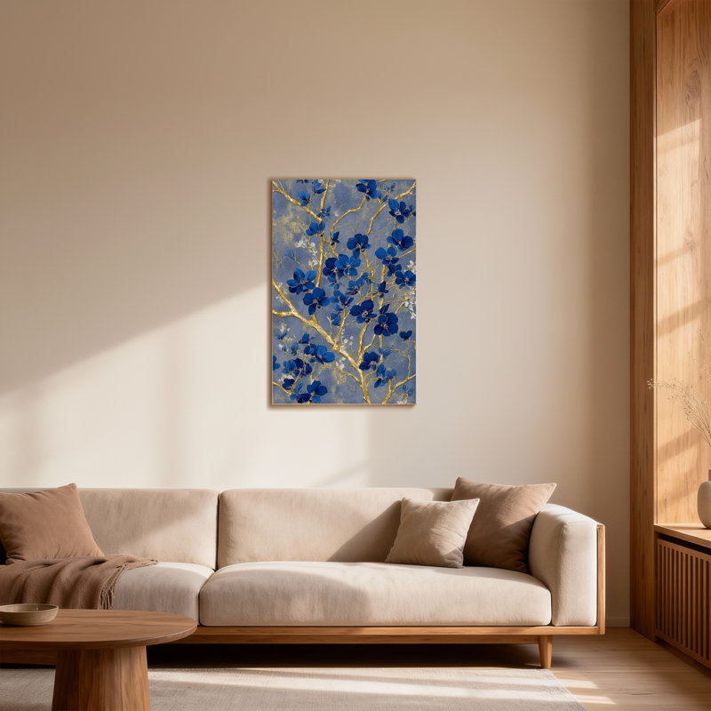 Plantes et fleurs Fleurs bleues sur motif de branches dorées, H 12 po x l 18 po