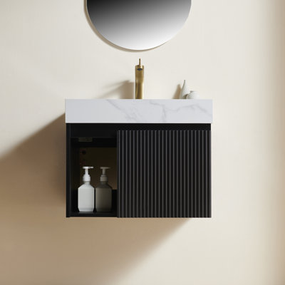 Meuble-lavabo de salle de bain 24 po EIDEN, meuble de rangement flottant, comptoir en pierre frittée blanc de Carrare et lavabo en céramique avec 3 trous de robinet pré-percés, ensemble sans robinet et drain, couleur noire