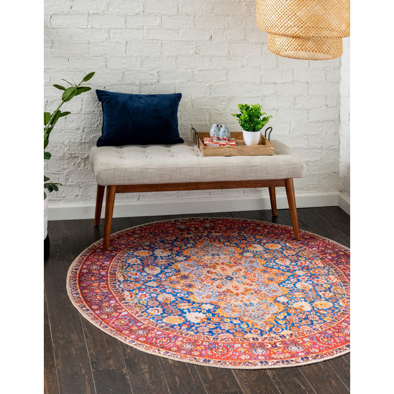Tapis oriental bleu marine / rouge / orange, Rond 3 pi 6 po