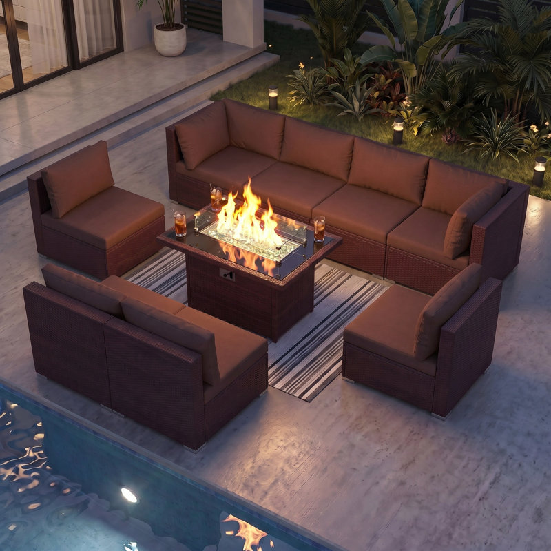 Alcalde 9-Piece Outdoor Wicker Conversation Set, Modular Sectional & 60,000 BTU Propane/Natural Gas Fire Pit Table, Red