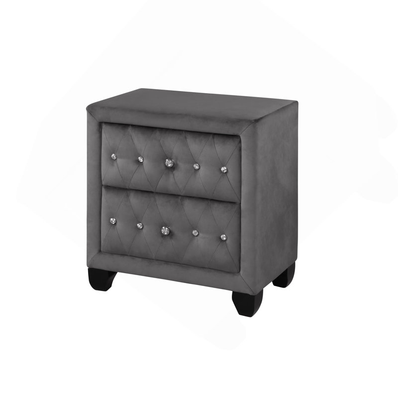 Sophia Modern Style Crystal Tufted 2-Drawer Nightstand Upholstered With Velvet Fabric Made With Wood In Gray, Gray