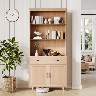 Versatile Wooden Bookshelf with Doors & Drawer – 72.4" Tall, 6-Tier Freestanding Bookcase, Storage Cabinet with Open Shelves, Perfect for Living Room, Bedroom, Office, Kitchen