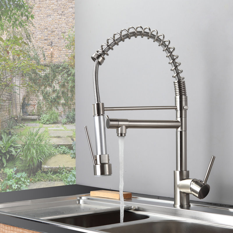 Robinet de cuisine avec douchette extractible en acier inoxydable nickel brossé, Nickel brossé
