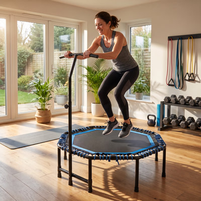 Trampoline de forme physique pliable de 48 pouces avec guidon réglable pour adultes, charge maximale de rebond de 450 lb, cordes élastiques durables, stable et silencieux