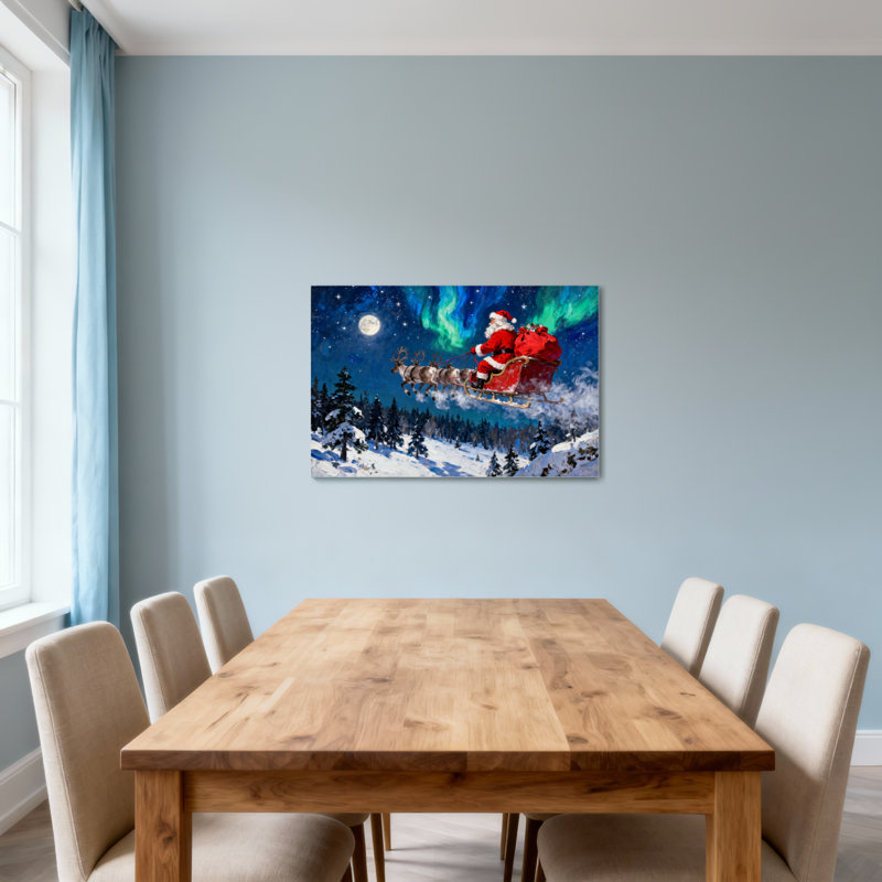Noël, père Noël, traîneau volant, lune, aurores boréales, forêt enneigée