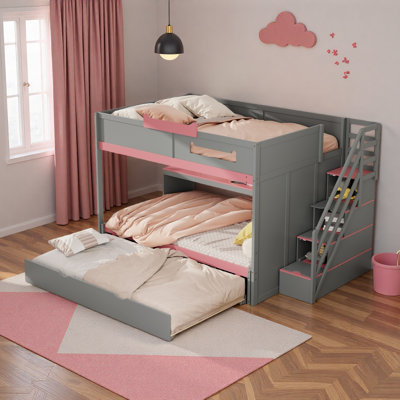 Full Over Full Bunk Bed With Storage Stairs, Adjustable Lighted Bookcase, And Twin Trundle