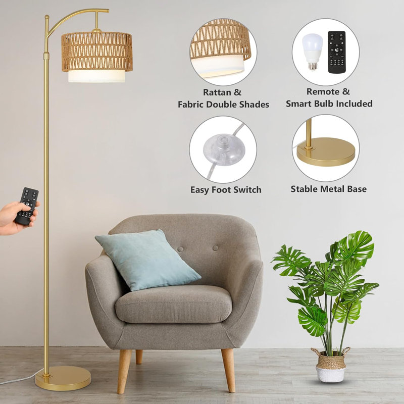 Arc Floor Lamp with 3 Color Temperatures, LED Gold Floor Lamp with Remote & Stepless Dimmable Bulb, Boho Standing Lamp with Rattan & Fabric Shades, Farmhouse Tall Lamp for Living Room Bedroom