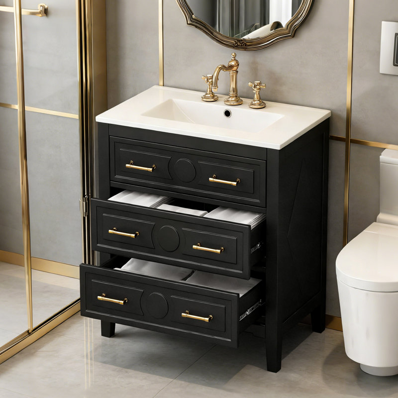 Meuble-lavabo encastré en céramique 30 po avec 3 tiroirs et fabrication en bois massif, Noir