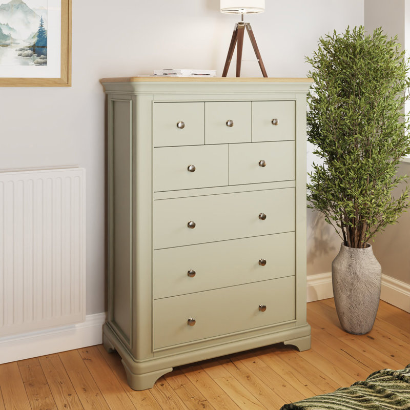 Joulon 8 Drawer Chest of Drawers. Solid Wood. Oak Top. Fully Assembled., Green