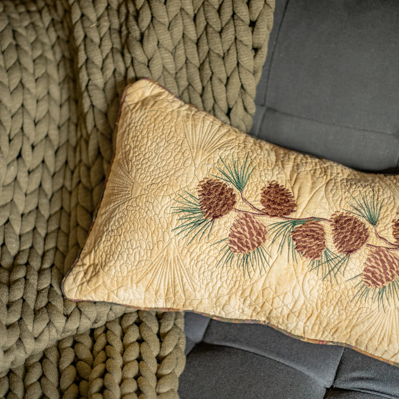 Rustic Beige and Brown Embroidered Pine Cone Rectangular Pillow