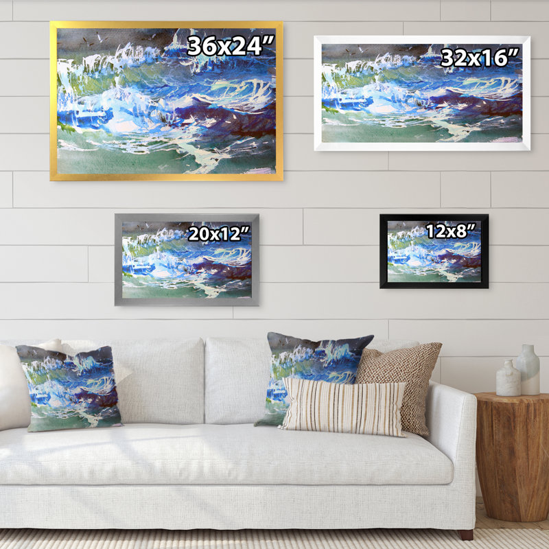 Tempête dans l'océan - reproduction d'art sur toile nautique et côtière, H 12 po x l 20 po x P 1 po, Encadrement doré