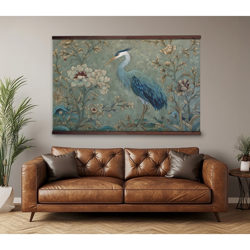 Grande tapisserie sur toile, héron bleu, H 32 po x l 48 po