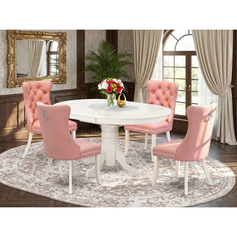 Ensemble de table de salle à manger 5 pièces comprenant une table de cuisine ovale avec rallonge amovible et 4 chaises, lin blanc
