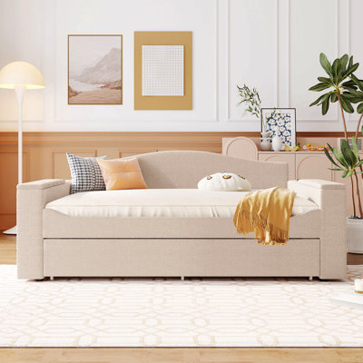 Full Size Upholstered Daybed With Storage Armrests, Trundle And Latest Integrated Bluetooth Audio System, Teddy Fleece
