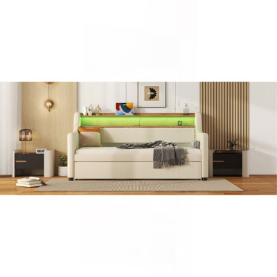 Twin Size Daybed With Trundle, Upholstered Daybed With Charging Station And LED Lights by Latitude Run