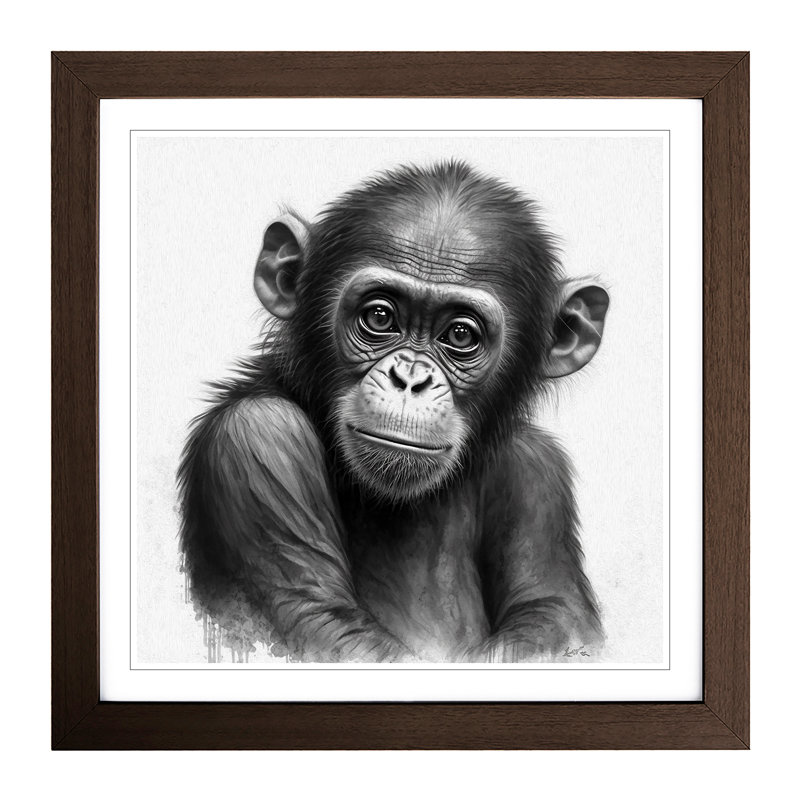 Monkey Drawing - Single Picture Frame Print on Wood, Walnut