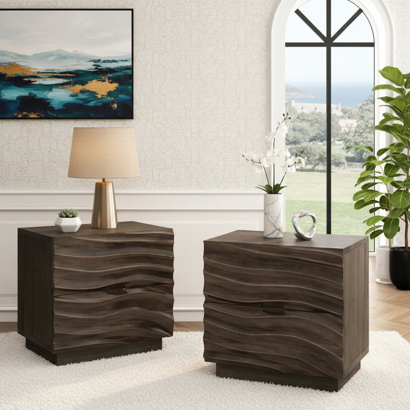 Table de chevet sans poignées, table de bout sans canapé pour salon et chambre à coucher Renley en bois massif avec 2 tiroirs, disponible en 2 couleurs