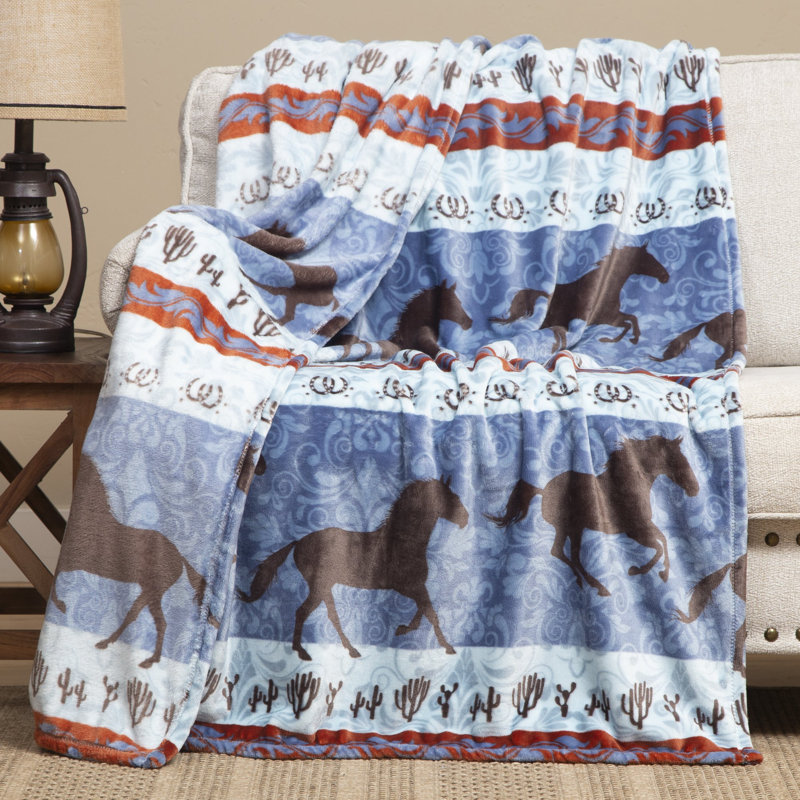 Terra Cotta Blue Western Stripe Reversible Fleece Sherpa Throw Blanket