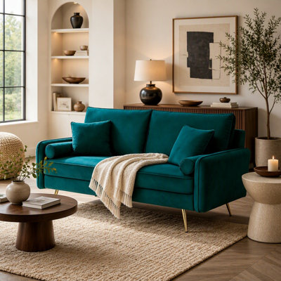 Modern Velvet Loveseat 2-Seater Couch, Nailhead Trim Sofa with Gold Metal Legs, Compact Upholstered Sofa for Apartment Living Room, Just Loveseat