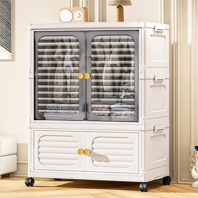 Portable Wardrobe Closet with Doors & Wheels | 3-Tier Stackable Storage Bins with Lids, Collapsible Organizer for Bedroom, Living Room