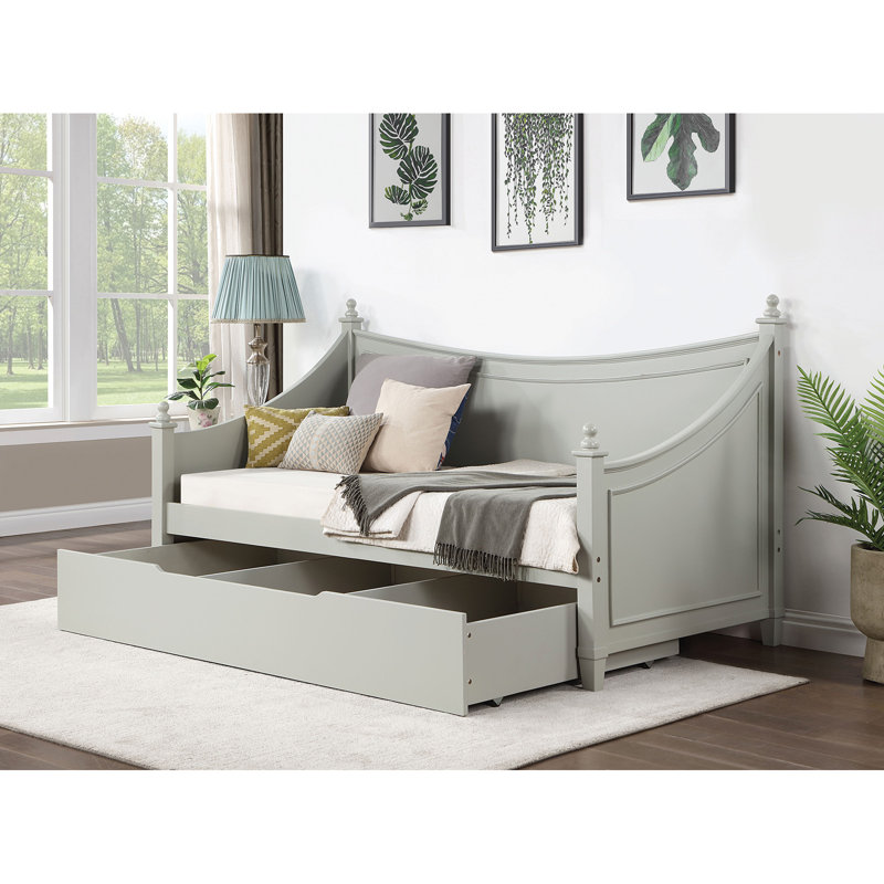Finition gris clair de style transitionnel, moulure de lit de jour simple, conception d'affiche prête pour le matelas avec fleurons, structure en bois massif