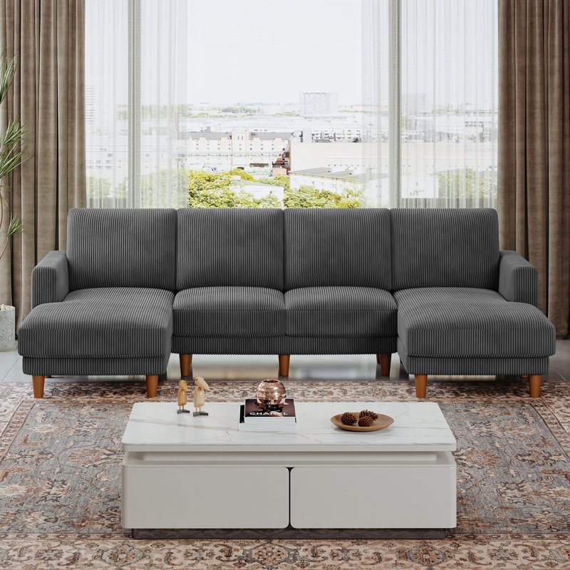 4 Seater Corduroy Sofa & Chaise, Grey