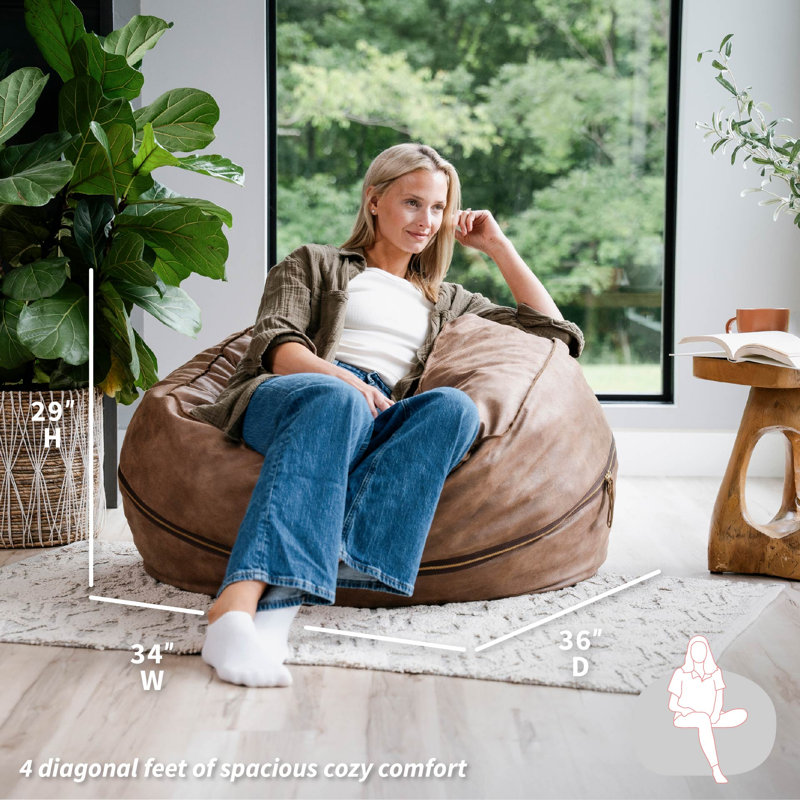 Big Joe Fuf Foam Bean Bag Chair with Removable Cover for Kids, Teens, Coffee Soft Vegan Leather, Large Reading and Gaming Seat