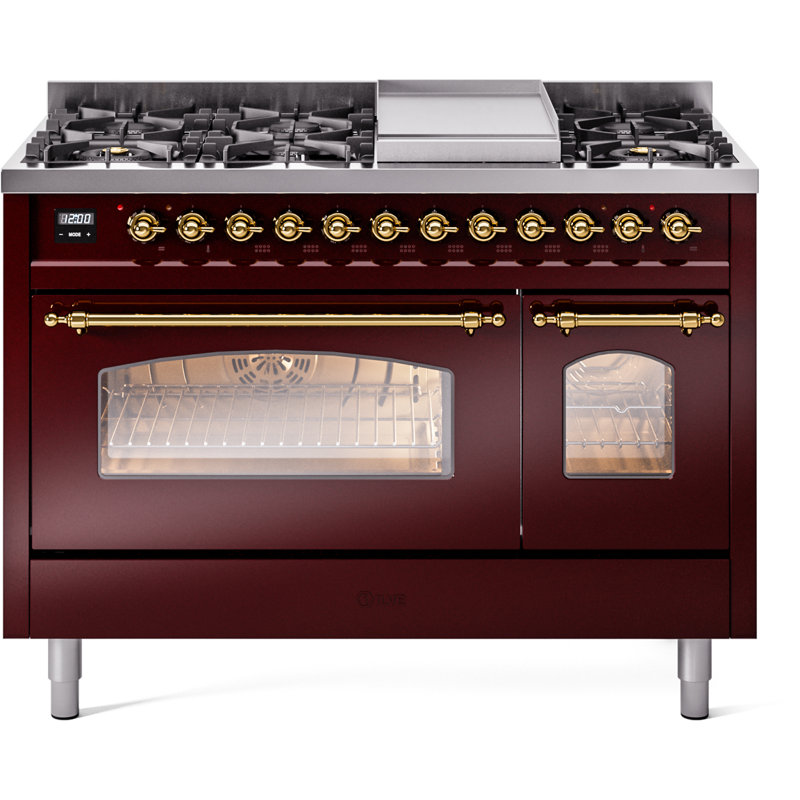 ILVE Nostalgie II 48 Dual Fuel Range , Burgundy/Brass, Natural Gas