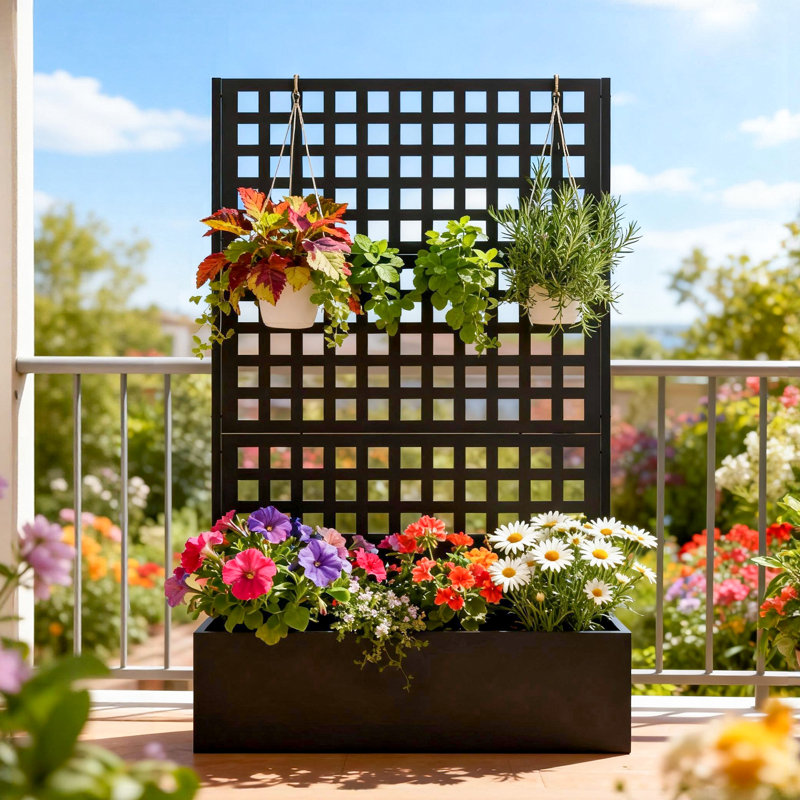 Boîte à fleurs en métal avec treillis, lit de jardin surélevé d'extérieur avec écran d'intimité et trous de drainage pour patio, clôture, 1 pièce