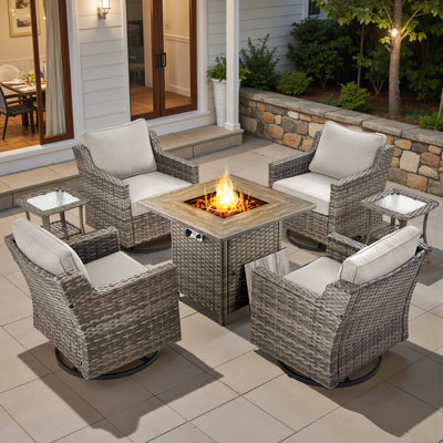 Ensemble de conversation d'extérieur 4 personnes avec foyer carré Maellys, ensemble de conversation pour patio avec fauteuils pivotants et tables d'appoint