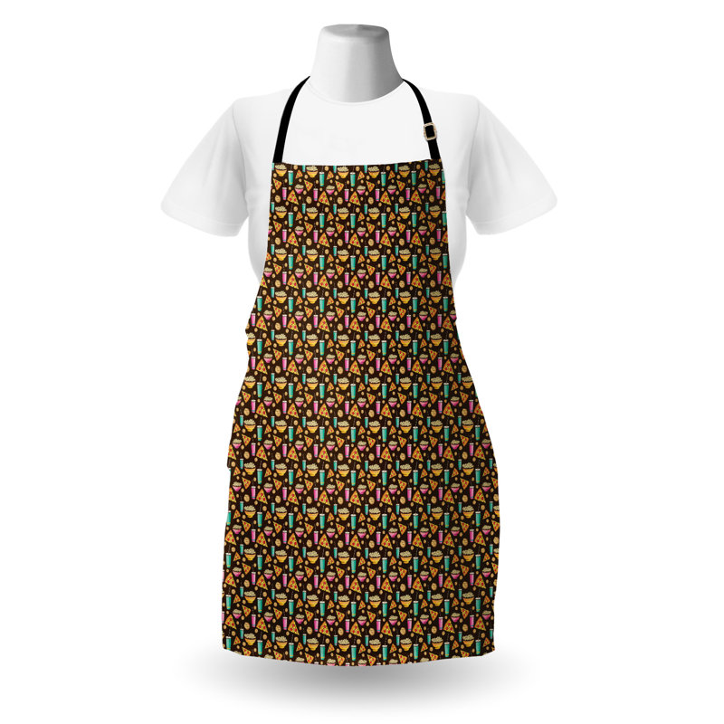 Corrige Studio® tablier alimentaire unisexe boissons pizza biscuits maïs soufflé taille adulte brun foncé multicolore