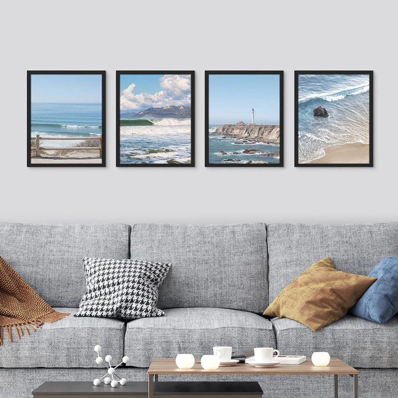" Aerial View Blue Ocean Wave Beach Shore " 4 - Pieces, 14" H x 11" W x 1" D, Black Framed