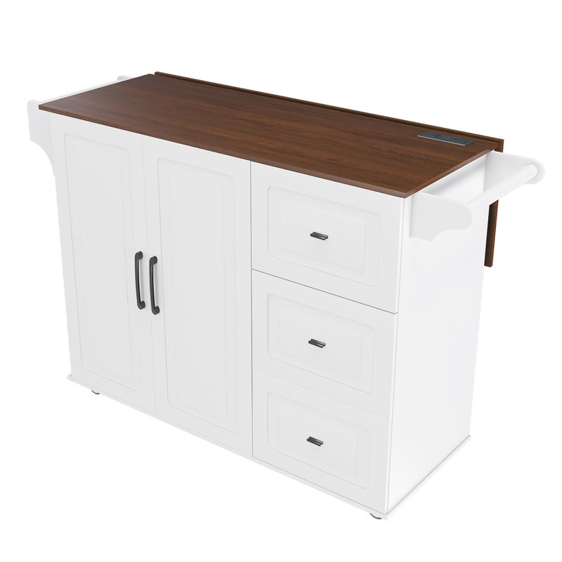 Îlot de cuisine blanc avec table rabattable et abattant, bar à roulettes mobile sur roulettes, trois tiroirs spacieux, armoires dissimulées, tablettes réglables pour le plateau en bois