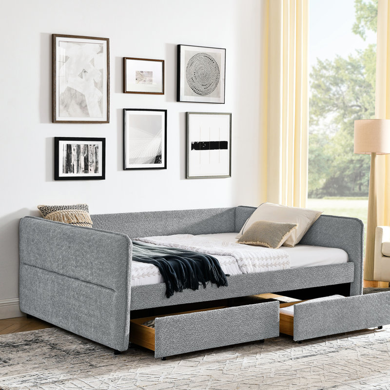 Lit de jour rembourré avec couchette et deux tiroirs en boucle grise, grand lit confortable