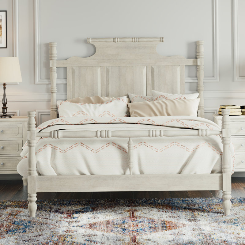 Lit plateforme à baldaquin en bois avec tête de lit en forme de couronne, Grand lit, Blanc rétro