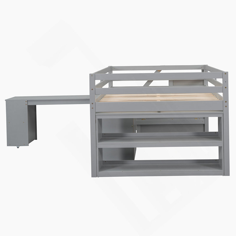 Lit mezzanine avec bureau d'écriture rétractable et tiroirs, Gris