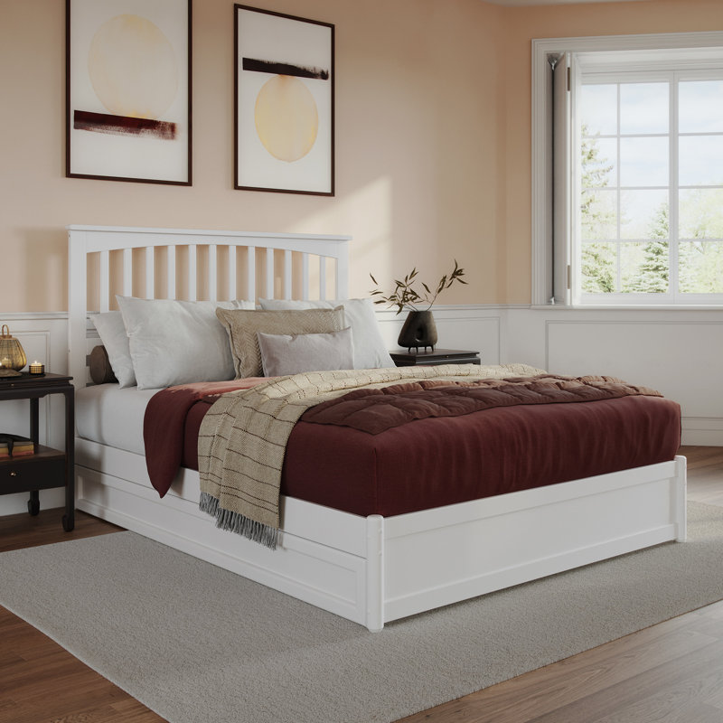 Lit plateforme en bois massif Asparas avec pied de lit et lit gigogne, Blanc, Grand