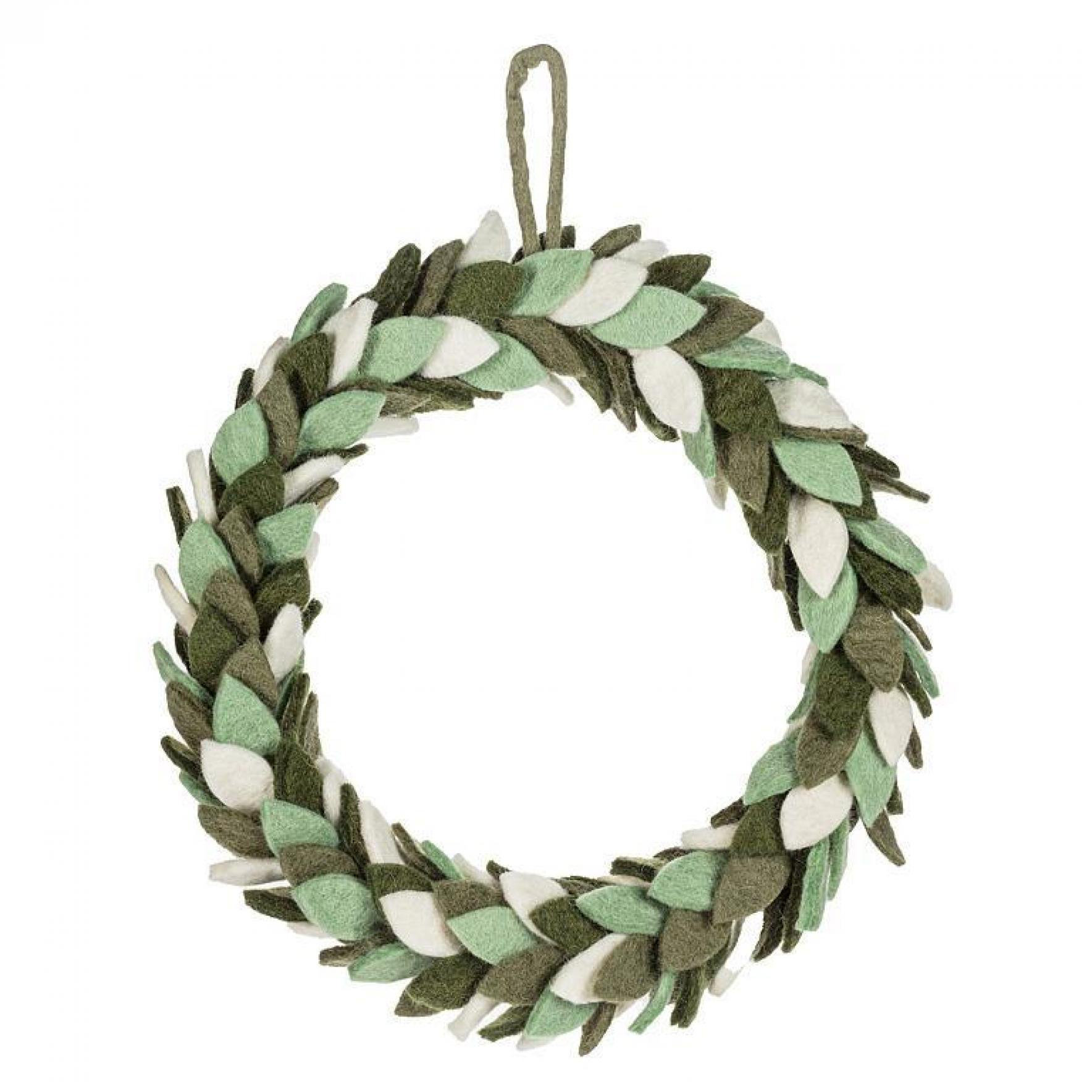 Handmade Hand Felted Wool Wreath - Green Leaves Embroidery - 14